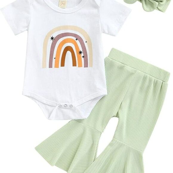 Rainbow and sage bellbottom pants with sash for headband  Sz 80 (9-12 months) - Picture 9 of 9